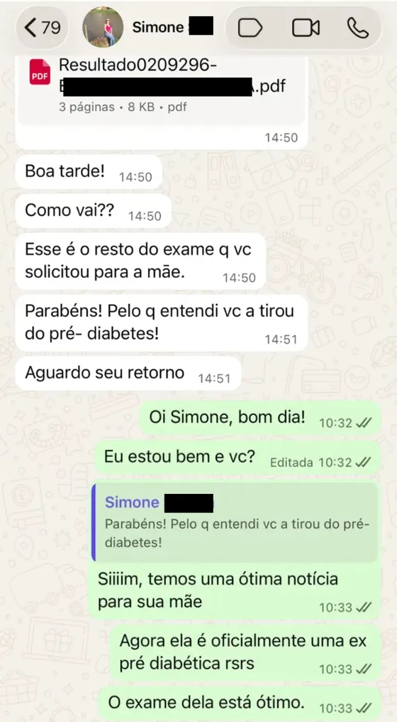 Depoimento de paciente no WhatsApp